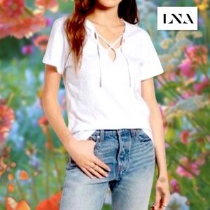 LNA White Lace-Up Tee Shirt Top M Raw Edge Strappy Cross Tie Revolve Boho